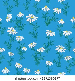 Patrón inmaculado Impresión floral creativa con flores de manzana, hojas de estilo dibujado a mano sobre un fondo azul turquesa. Plantilla de verano de primavera para el diseño