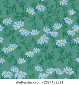 Seamless pattern Creative floral print with chamomile flowers, leaves in hand drawn style on a blue-turquoise background. Spring summer template for design