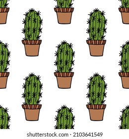 Seamless pattern with creative сacti in flower pots on white background. Doodle style. Vector image.
