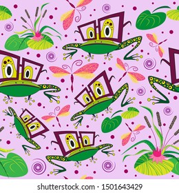 Seamless pattern. Creative frogs, reeds and dragonflies vector illustration on pink background.