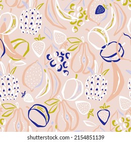 Seamless pattern with creative line drawn fruits. Hand drawn summer trendy background. Great for fabric and textile. Vector Illustration