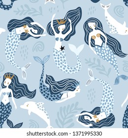 Seamless pattern with creative mermaids with dolphins . Creative undersea childish texture. Great for fabric, textile Vector Illustration