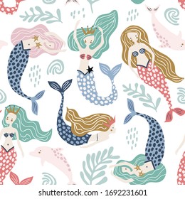 Seamless pattern with creative mermaids with dolphins . Creative undersea childish texture. Great for fabric, textile Vector Illustration