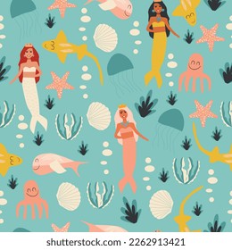 Seamless pattern with creative mermaids with sea animals . Creative undersea childish texture. Great for fabric, textile Vector Illustration