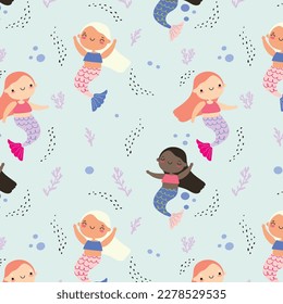 Seamless pattern with creative mermaids . Creative undersea childish texture. Great for fabric, textile Vector Illustration