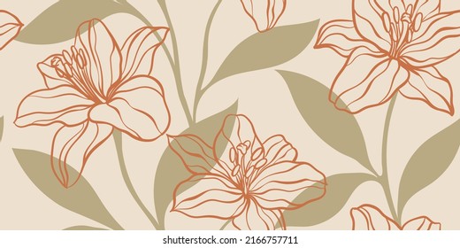 Seamless pattern of creative minimalist hand draw illustrations floral outline lily pastel biege simple shape for wall decoration, postcard or vintage brochure cover design