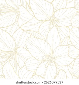 Seamless pattern of creative minimalist hand draw illustrations floral outline lily flowers on white background. Floral luxury background wall decoration, banner or vintage brochure cover design