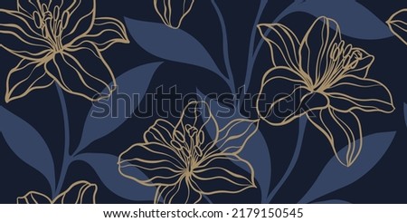 Seamless pattern of creative minimalist hand draw illustrations floral outline lily and shape leaves on dark blue background. Horizontal wall decoration, banner or vintage brochure cover design