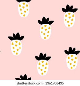 Seamless pattern with creative modern fruits. Hand drawn trendy background, abstract pineapples. Creative trendy seamless pattern with pineapples. Hand drawn vector illustration in pastel colors