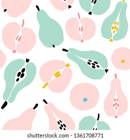 Seamless pattern with creative modern fruits. Hand drawn trendy background. Abstract pattern with pear, apple. Hand draw texture. Vector template for cards, banners, print fabric, t-shirt.