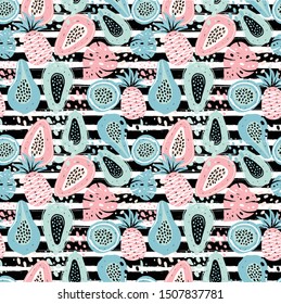 Seamless pattern with creative modern fruits. Hand drawn trendy background. Abstract pattern with papaya pineapple and passion fruit on stroke.