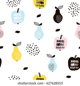 Seamless pattern with creative modern fruits. Hand drawn trendy background. Great for fabric and textile. Vector Illustration
