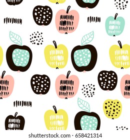 Seamless pattern with creative modern fruits. Hand drawn trendy background. Great for fabric and textile. Vector Illustration