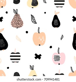 Seamless pattern with creative modern fruits. Hand drawn trendy background. Great for fabric and textile. Vector Illustration