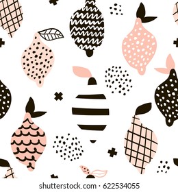 Seamless pattern with creative modern lemons. Hand drawn trendy background. Great for fabric and textile. Vector Illustration