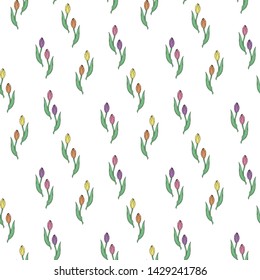 Seamless pattern with creative multicolored tulips on white background for fabric, textile, clothes, tablecloth, post cards and other things. Endless background with flowers for your design. Vector im