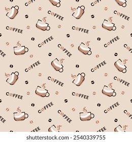 Seamless pattern with creative outline coffee cup, beans and word coffee on white background. Background for textiles, clothing, coffee shops and decor.