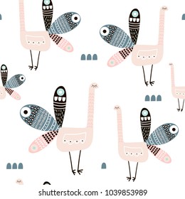 Seamless pattern with creative peacocks. Creative scandinavian modern texture for fabric, wrapping, textile, wallpaper, apparel. Vector illustration