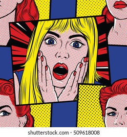 Seamless pattern in creative pop art style. Retro comics surprised blonde girl and red hair woman. Blue Background. Vector Illustration.