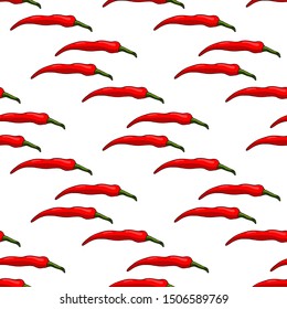 Seamless pattern of creative red hot chili peppers on white background. Vector image.