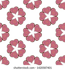Seamless pattern with creative round frames of multicilired hearts for plaid, fabric, textile, clothes, tablecloth and other things. Ornament. Endless background. Vector image. 