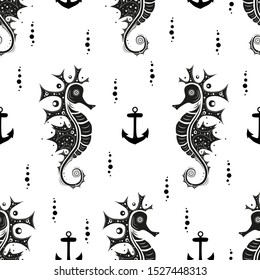 Seamless pattern. Creative seahorse, anchors and bobbles on white backround. Vector illustration.