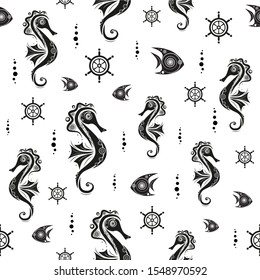 Seamless pattern. Creative seahorse, fish, wheels and bobbles on white backround. Vector illustration.