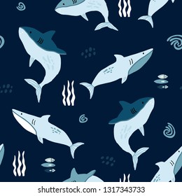 Seamless pattern with creative sharks . Creative undersea childish texture. Great for fabric, textile Vector Illustration