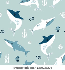 Seamless pattern with creative sharks . Creative undersea childish texture. Great for fabric, textile Vector Illustration