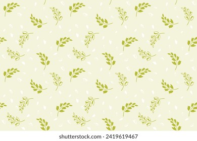 Seamless pattern with creative small silhouettes branches leaves and tiny shapes, drops, spots. Simple stylized green floral printing on a light background. Vector hand drawn. Design for printing
