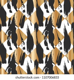 Seamless pattern with creative texture. Vector illustration of spray paint on white background. Ink smudges. gold and black colors.
