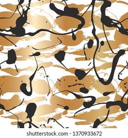 Seamless pattern with creative texture. Vector illustration of spray paint on white background. Ink smudges. gold and black colors.