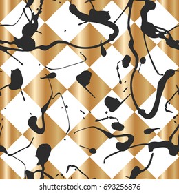 Seamless pattern with creative texture. Vector illustration of spray paint on white background. Ink smudges. gold and black colors.