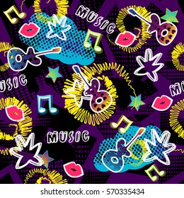 seamless pattern. Creative vector background with dots, guitar, lips star.Funny wallpaper for textile and fabric. Fashion style. Colorful bright. Purple, pink, blue
