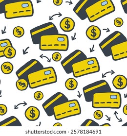 Seamless pattern with credit card in hand drawing style in vector on transparent background. Element for decoration postcards poster print background backdrop wrapping packaging wallpaper banner