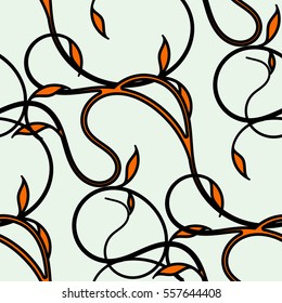 Seamless pattern of creepers. Black with orange curls on a light background. Vector illustration