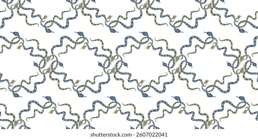 Seamless pattern of creeping cartoon blue and beige snakes, vector background, paper, wallpaper, fabric