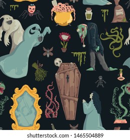 Seamless pattern with creepy characters and decorations. Halloween night party symbols. Design for greeting card, wallpaper, textile, fabric. Vector illustration