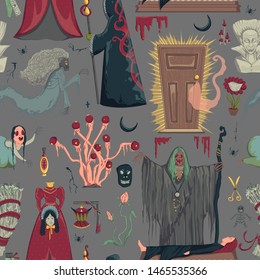 Seamless pattern with creepy characters and decorations. Halloween night party symbols. Design for greeting card, wallpaper, textile, fabric. Vector illustration