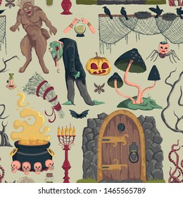 Seamless pattern with creepy characters and decorations. Halloween night party symbols. Design for greeting card, wallpaper, textile, fabric. Vector illustration