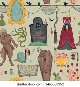Seamless pattern with creepy characters and decorations. Halloween night party symbols. Design for greeting card, wallpaper, textile, fabric. Vector illustration