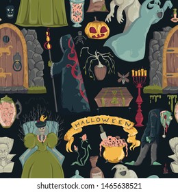 Seamless pattern with creepy characters and decorations. Halloween night party symbols. Design for greeting card, wallpaper, textile, fabric. Vector illustration