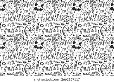 Padrão contínuo com uma criança assustadora, abóboras malignas e doces, fundo para as celebrações do Halloween. O conceito do feriado é doce ou vida. Ilustrações desenhadas à mão em estilo rabisco.