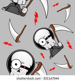 A seamless pattern of a creepy grim reaper with scythes and lightning bolts.