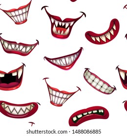 Seamless pattern with creepy monster smiles on white background. Scary clown mouth print. Vector texture.