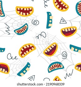 Seamless Pattern With Creepy Monster Smiles On White Background. Scary Mouth Print.