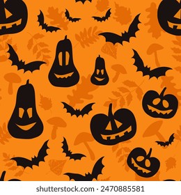 Seamless pattern with creepy pumpkins, bats, mushrooms and leaves for Halloween. Template of holiday background for home textiles, interiors, cotton fabric, wrapping paper. Vector.