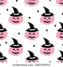 Patrón sin foco con calabazas espeluznantes. Calabazas rosas de Halloween con sombrero. Caras de monstruos. Ilustración vectorial dibujada por mano