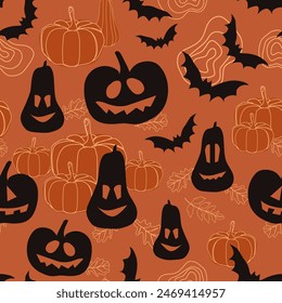 Seamless pattern with creepy pumpkins. Halloween texture. Template of holiday background for home textiles, interiors, linens, cotton fabric, wrapping paper. Vector.