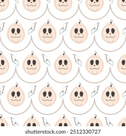 A seamless pattern of creepy white pumpkins with sewn up mouths and bats. Symbols of the Halloween holiday.